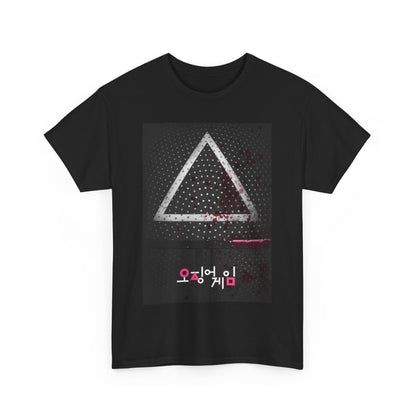 Stylish Squid Game Unisex Funny T-Shirt showcasing a prominent triangular motif, ideal for trendsetters and enthusiasts of the Netflix hit series.