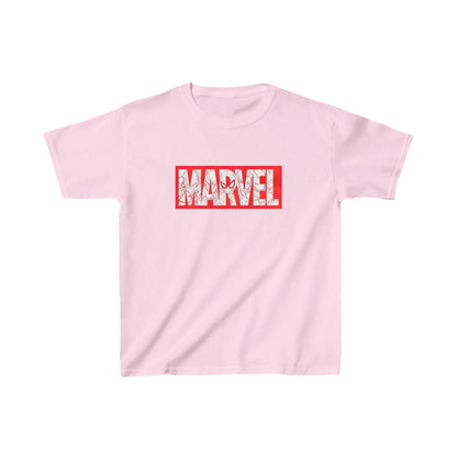 Delicate unisex children's cotton tee adorned with the playful Marvel logo in a soft pastel pink, elegantly designed for young fashion enthusiasts.