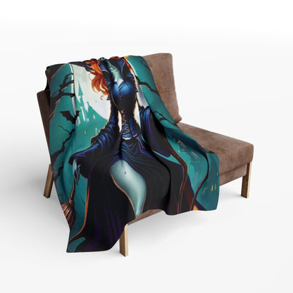 Model wrapped in the Decorative and Warm Halloween Cute Arctic Fleece Blanket, highlighting its warmth and comfort for autumn evenings.