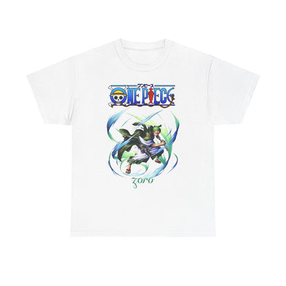 Luxurious white t-shirt featuring an artistic illustration of Zoro from One Piece, elegantly posed in action with vibrant energy waves, ideal for anime enthusiasts.