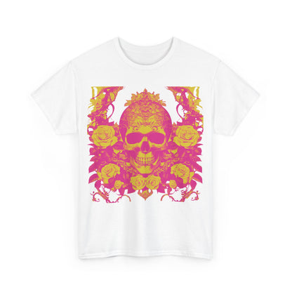 Skulls and Roses Cotton Tee - Chic unisex graphic shirt presenting a bold skull and roses design in pink and yellow on a white fabric, perfect for alternative fashion lovers.