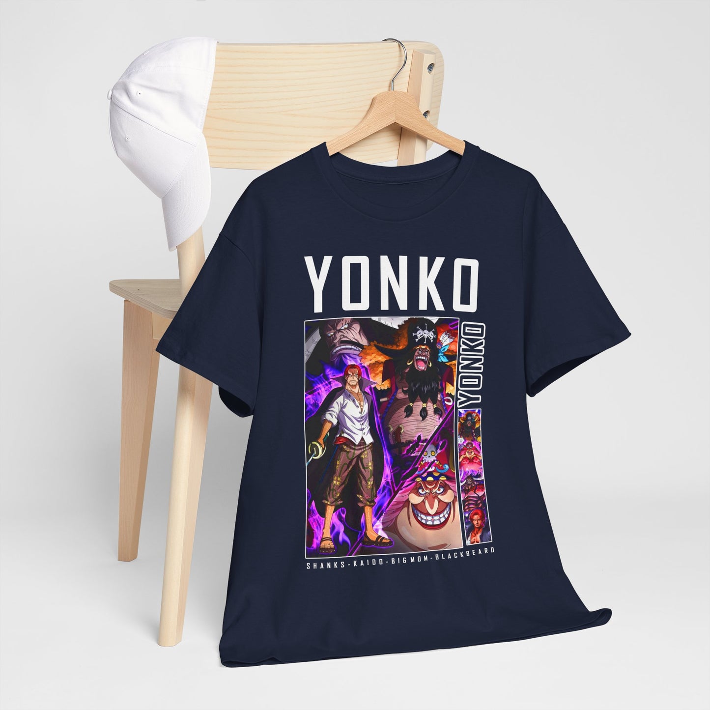 Luxurious navy blue YONKO men's t-shirt featuring iconic anime characters Shanks, Kaido, Big Mom, and Blackbeard, designed for anime enthusiasts who appreciate fine streetwear.