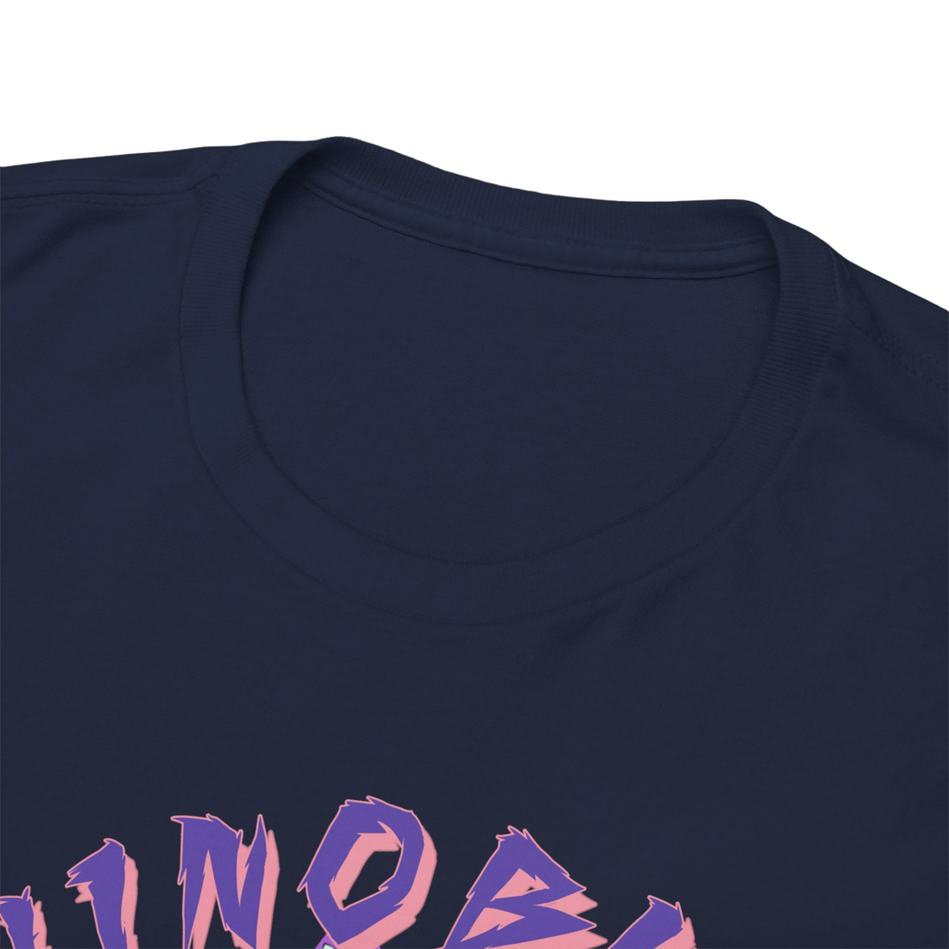 Premium navy blue T-shirt featuring the intricate neckline and bold, stylised lettering of 'SHINOBU' in pink hues, designed for anime enthusiasts.