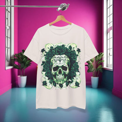 Skulls and Roses Cotton Tee displayed elegantly in a vibrant indoor setting, emphasizing its stylish graphic design and premium quality.