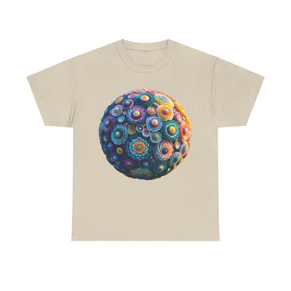 Iridescent Floral Sphere Unisex Cotton Tee Graphic T Shirt showcasing a vibrant, colourful floral sphere design on a soft beige fabric, perfect for elevating casual styles.