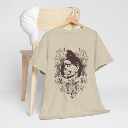 Stylish Men's Zombie Graphic T-Shirt placed on a modern chair next to a white cap, emphasizing its bold artwork and contemporary fashion.