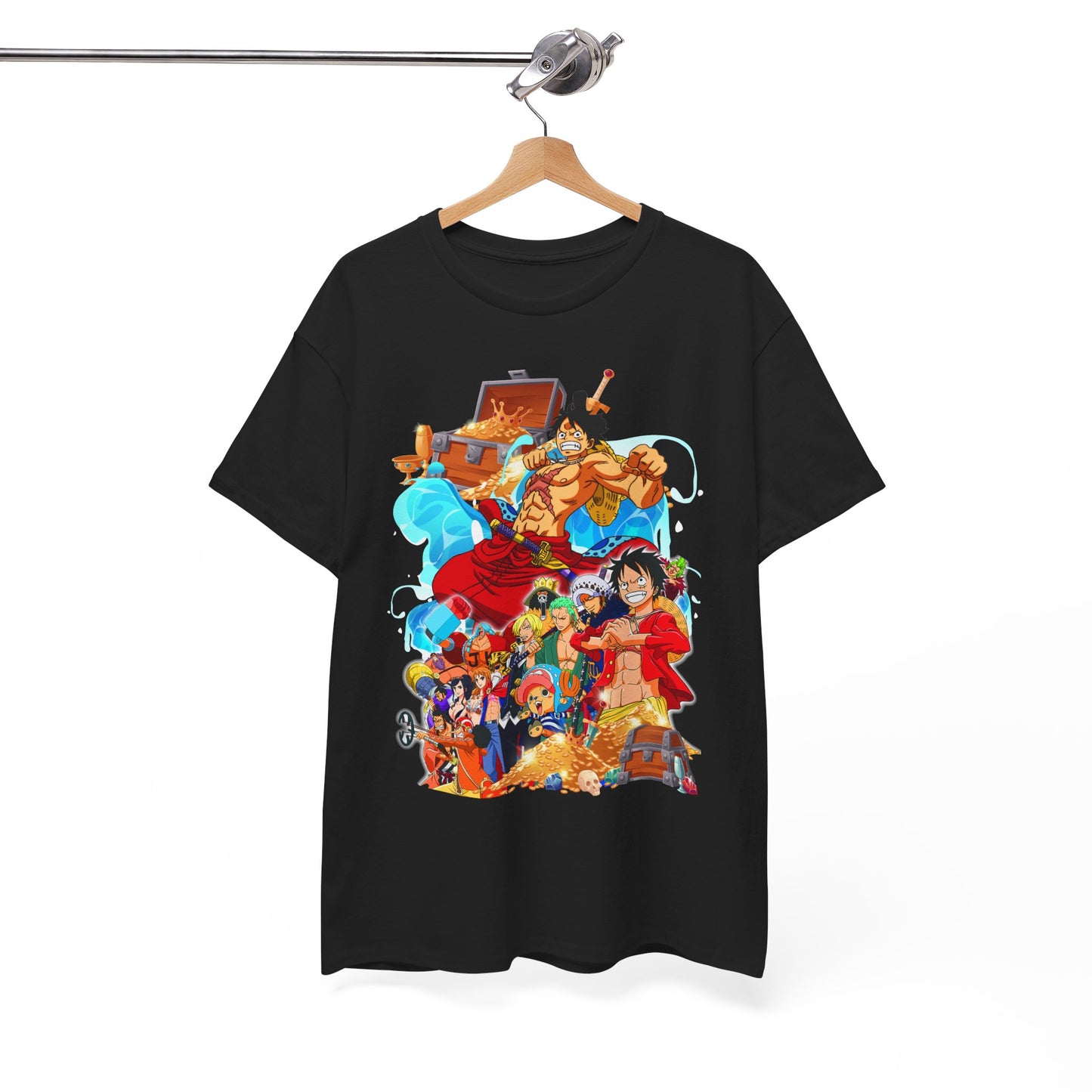 Luxurious black men's t-shirt featuring a vibrant anime design showcasing iconic characters from a beloved adventure series, highlighting the essence of epic storytelling and fandom.
