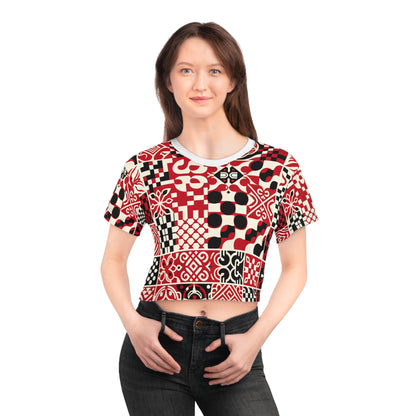 Model wearing the Valentina Rialto Vibrant Red Checkerboard Crop Top by Dazzling Dreams Studio, styled with high-waisted jeans for a fashionable look.
