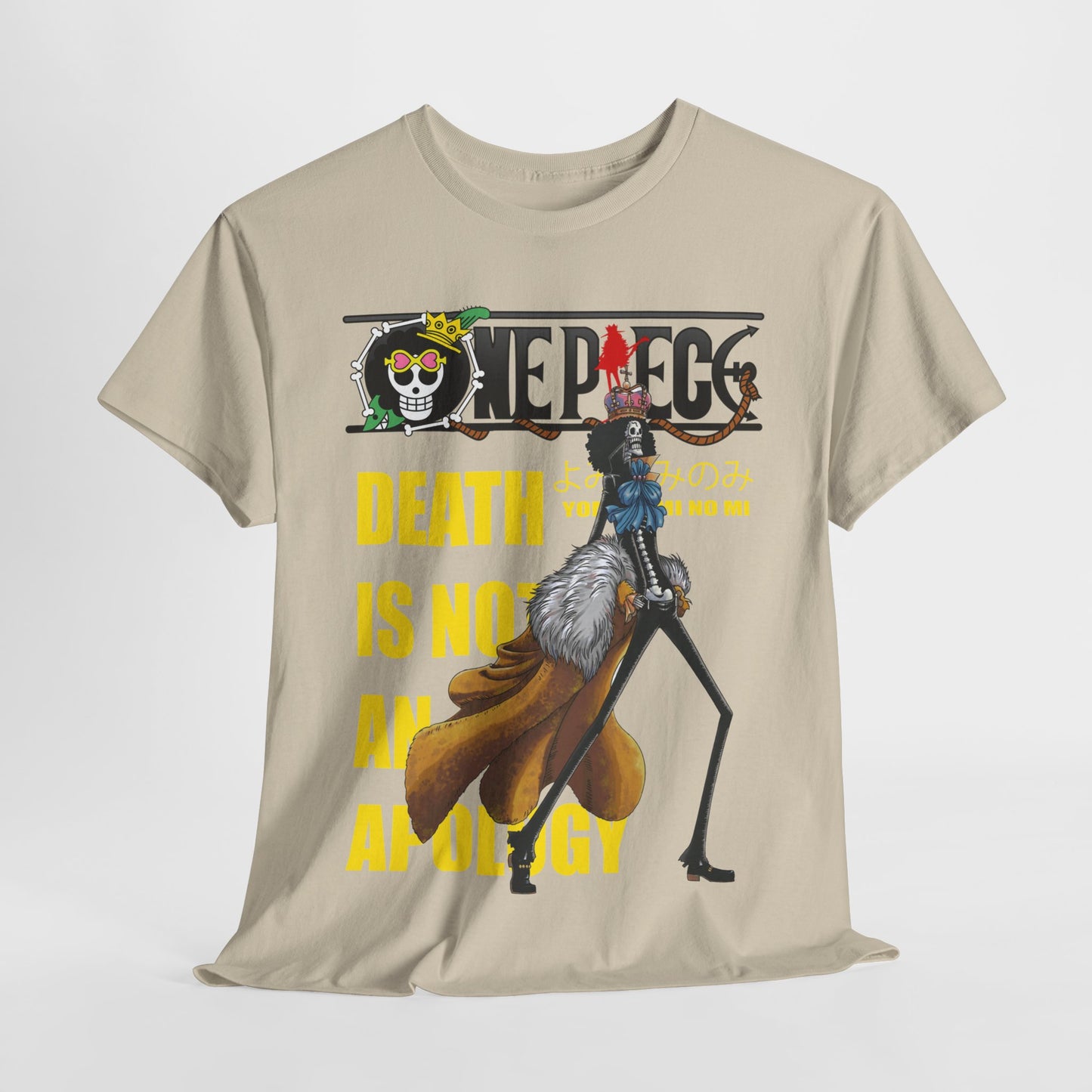 Elegant beige t-shirt showcasing a classic 'One Piece' graphic, featuring intricate character illustrations with vibrant colors, perfect for those who appreciate anime fashion.