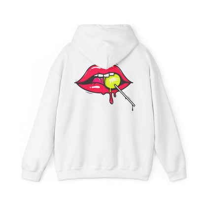 Luxurious white hoodie featuring a vibrant graphic of luscious red lips holding a yellow lollipop, with dripping details that evoke playful indulgence. Ideal for stylish streetwear lovers.
