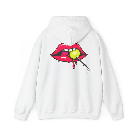 Luxurious white hoodie featuring a vibrant graphic of luscious red lips holding a yellow lollipop, with dripping details that evoke playful indulgence. Ideal for stylish streetwear lovers.