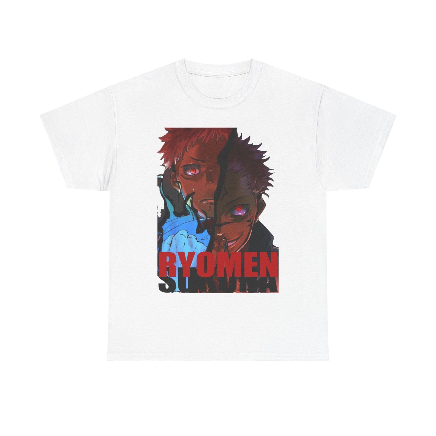 Elegant Ryomen Sukuna Anime T-Shirt featuring striking graphic design of two characters with intense expressions, ideal for anime lovers seeking a stylish statement piece.