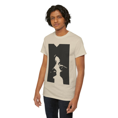 Stylish unisex graphic t-shirt featuring an abstract black and white illustration, perfect for elevating casual fashion with a hint of playful sophistication.