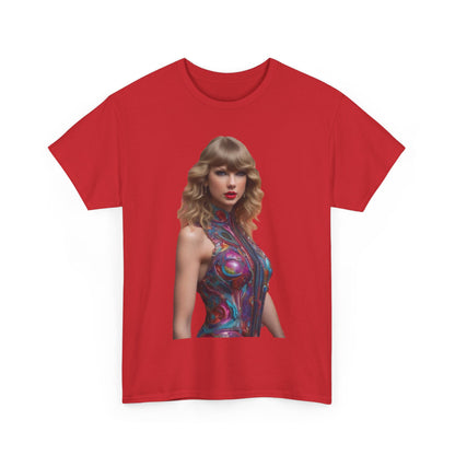 Front view of the Swifties psychedelic Taylor Swift Heavy Cotton Tee in striking red, featuring a vibrant psychedelic image of Taylor Swift.