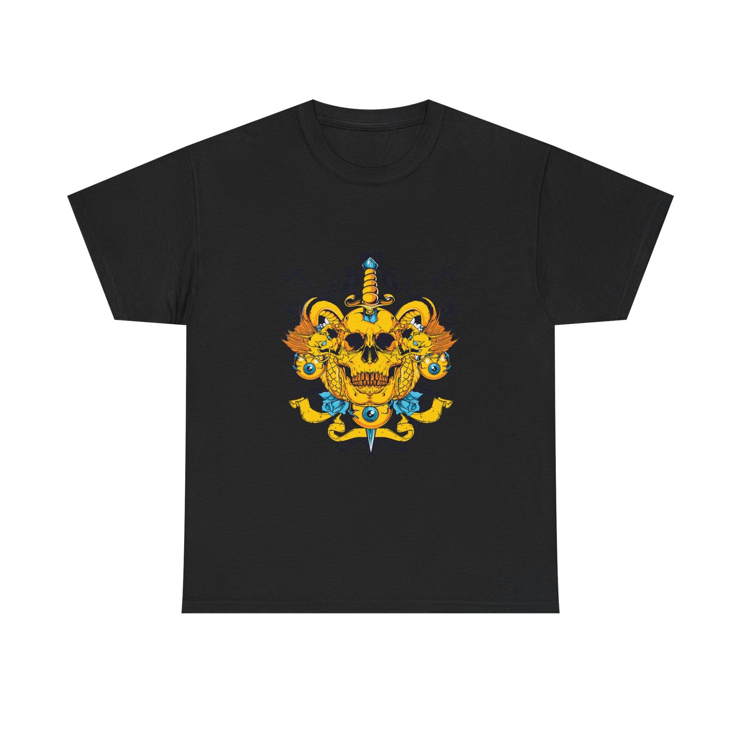 Elegant black men's t-shirt showcasing a captivating skull illustration with intricate scrollwork, a luminous dagger, and dynamic dragon accents in rich gold-yellow tones.