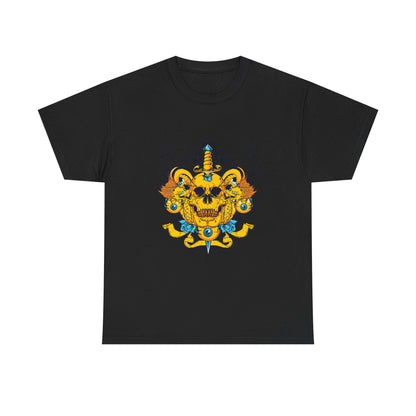 Elegant black men's t-shirt showcasing a captivating skull illustration with intricate scrollwork, a luminous dagger, and dynamic dragon accents in rich gold-yellow tones.