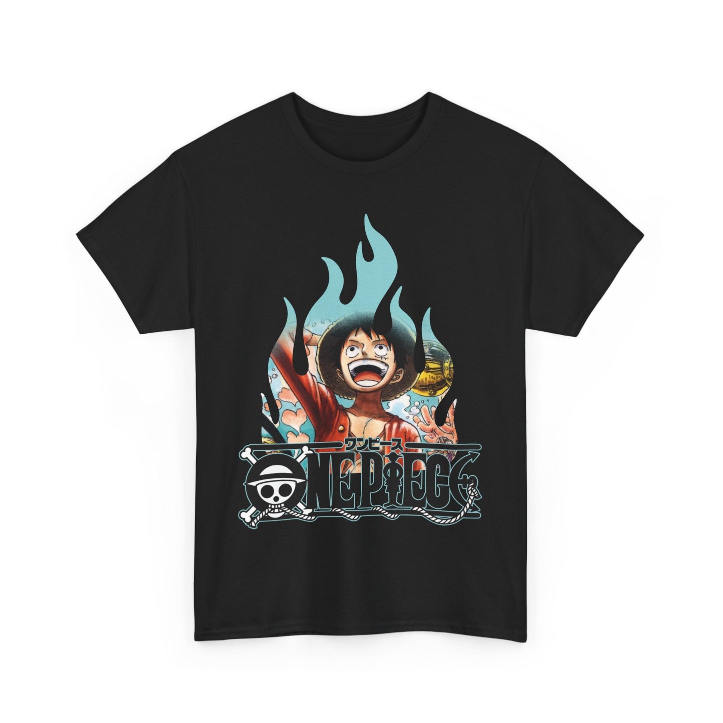 Chic black graphic t-shirt revealing a captivating character image framed by flames and a stylish logo, perfect for casual outings and stylish events.