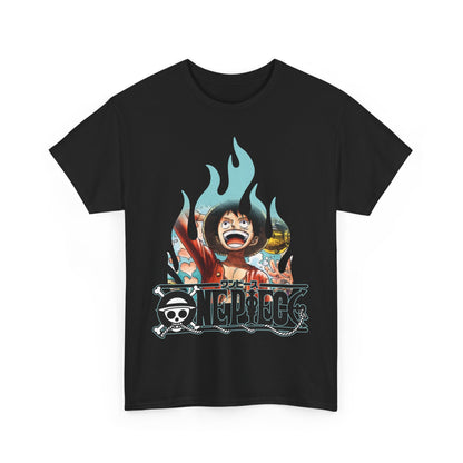Chic black graphic t-shirt revealing a captivating character image framed by flames and a stylish logo, perfect for casual outings and stylish events.