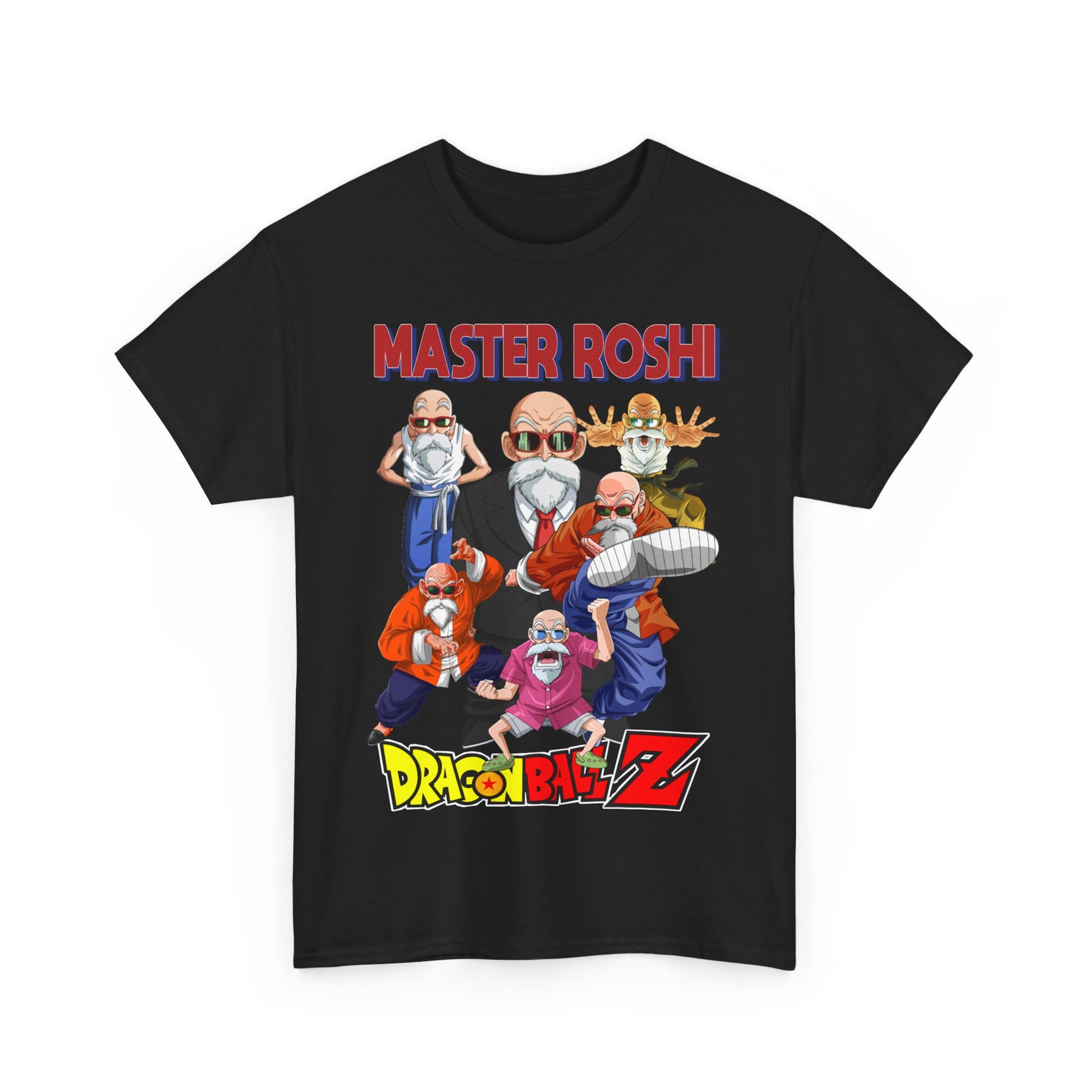 Stylish black Dragon Ball Z Master Roshi T-shirt for men, showcasing a detailed illustration of Master Roshi in various dynamic stances, ideal for urban streetwear.