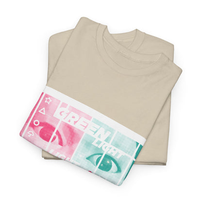 Folded Squid Game Unisex Men´s Women´s Graphic Cotton Funny T Shirt Tee showcasing a stylish print with vibrant 'GREEN LIGHT' and 'RED LIGHT' graphics, suitable for trendy individuals.