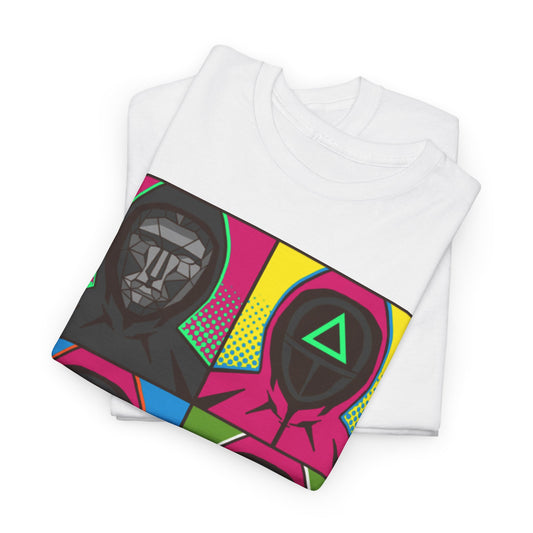Squid Game Pop Art Unisex Men´s Women´s Graphic Cotton Funny T Shirt Tee showcasing folded shirts displaying striking pop art designs of the series’ unique masked characters.