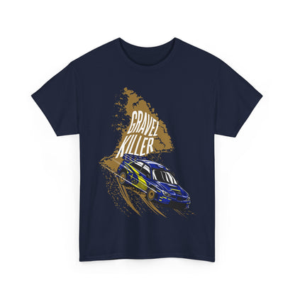 Luxurious navy blue men's t-shirt showcasing dynamic rally car graphics, featuring the bold text 'GRAVEL KILLER' in a striking design, perfect for racing enthusiasts.