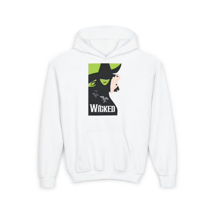 Childs Wicked Movie Graphic Pullover Hoodie in white, showcasing an artistic design featuring the iconic Wicked Movie logo.