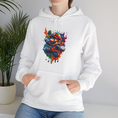 Model wearing a luxury white unisex computer game graphic lightweight hooded sweatshirt with vibrant Mario graphic, perfect for stylish gamers.