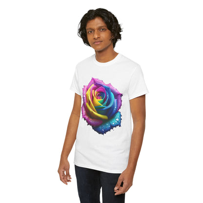 Model wearing the Rainbow Rose Unisex Cotton Tee Graphic T Shirt, exhibiting its stunning rainbow rose design and comfortable fit.