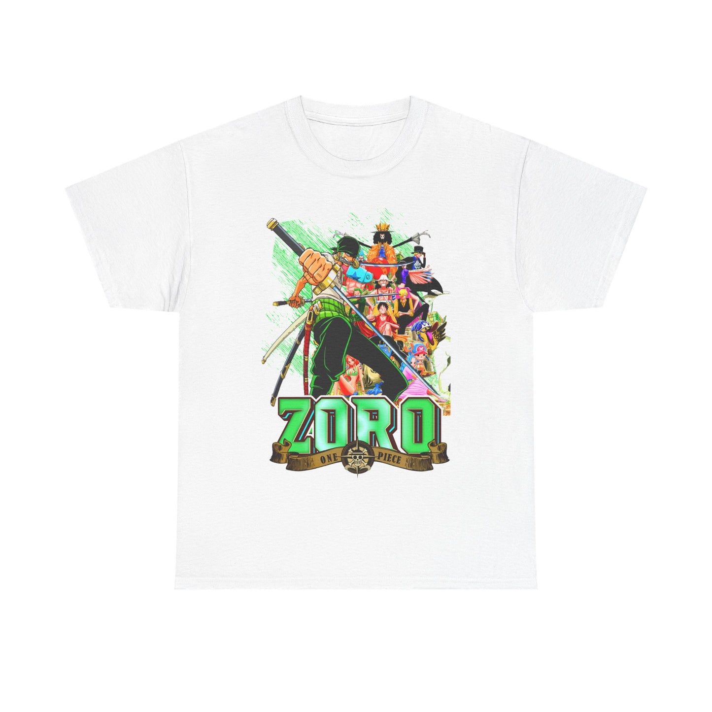 Luxury One Piece Zoro T-shirt featuring a vibrant graphic of the iconic swordsman Zoro, adorned in rich greens with a dynamic illustration of crew characters, perfect for anime enthusiasts.