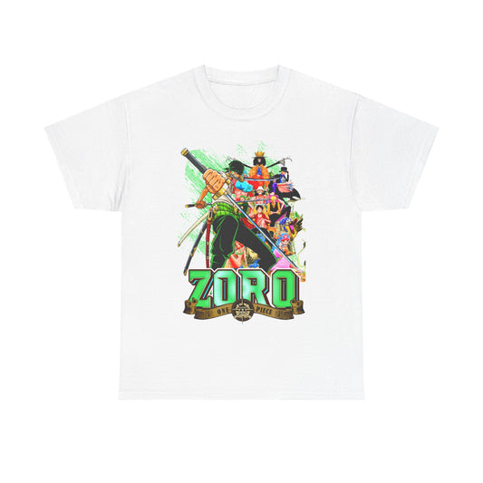 Luxury One Piece Zoro T-shirt featuring a vibrant graphic of the iconic swordsman Zoro, adorned in rich greens with a dynamic illustration of crew characters, perfect for anime enthusiasts.
