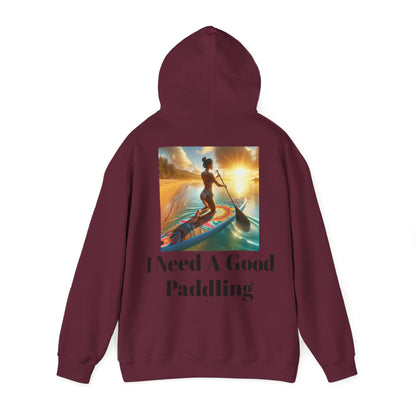 Chic maroon Fantasy Paddleboarding Unisex Hooded Sweatshirt with a beautiful sunset paddleboarding print, combining adventure with luxury in casual wear.