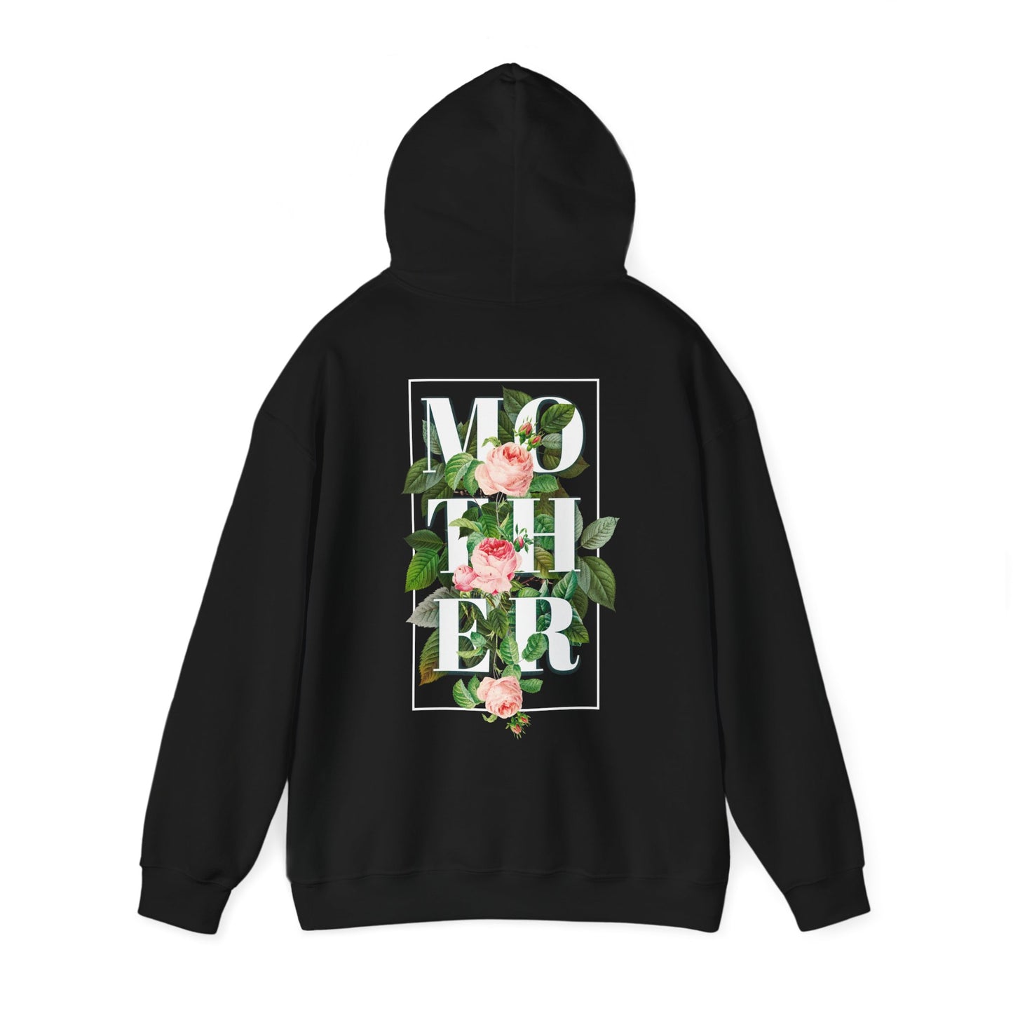 Chic black hoodie adorned with a beautiful floral design featuring the word 'MOTHER' prominently displayed, perfect for making a stylish statement.