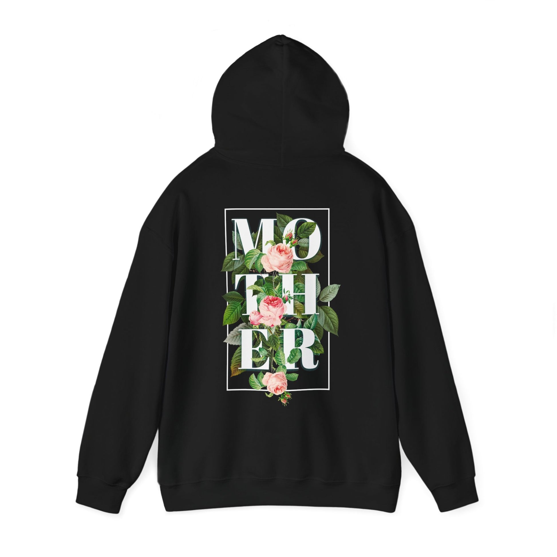 Chic black hoodie adorned with a beautiful floral design featuring the word 'MOTHER' prominently displayed, perfect for making a stylish statement.