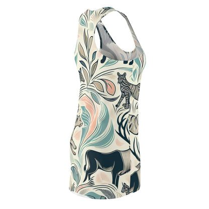 Back view of the Pastel Racerback Dress With Unique Wild Animal Pattern emphasising the racerback design and graceful flow of the high-quality fabric.