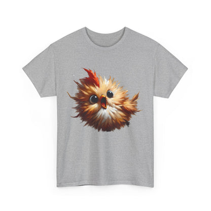 Front view of the Explosive Joy Tee - Cartoon Bird Edition displaying an artistic rendition of a vibrant cartoon bird on a grey background.