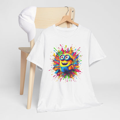 Funny T-Shirt draped over a chair, displaying an eye-catching Minion paint splash graphic. Great for anyone wanting to blend fun and fashion with a Minions theme.