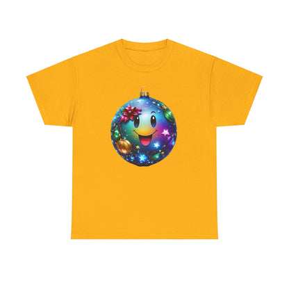 Festive Cheer Christmas Bauble Unisex Cotton T-Shirt Graphic Tee, showcasing a captivating blue Christmas ornament with a joyful smiley face, surrounded by festive designs and sparkling elements on a vibrant yellow t-shirt.
