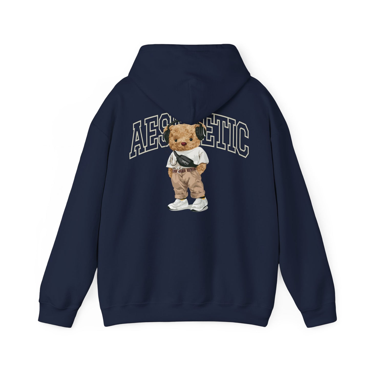Luxurious navy hoodie adorned with a playful teddy bear illustration, showcasing a fashionable streetwear aesthetic.