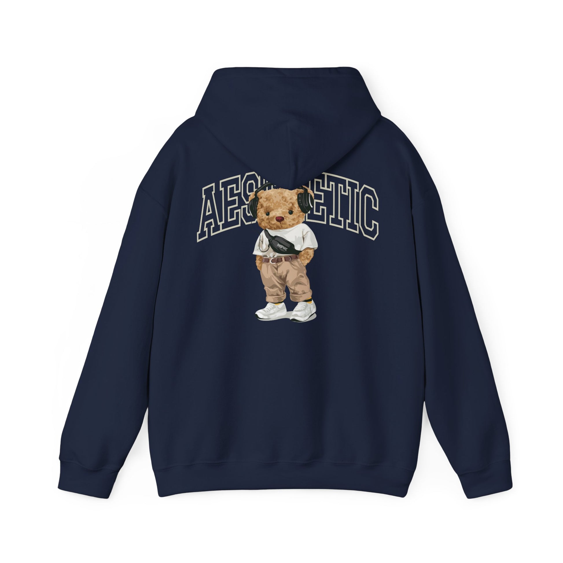 Luxurious navy hoodie adorned with a playful teddy bear illustration, showcasing a fashionable streetwear aesthetic.