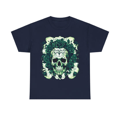 Skulls and Roses Cotton Tee in navy blue, featuring a striking skull and roses graphic, perfect for those who appreciate bold and alternative fashion.