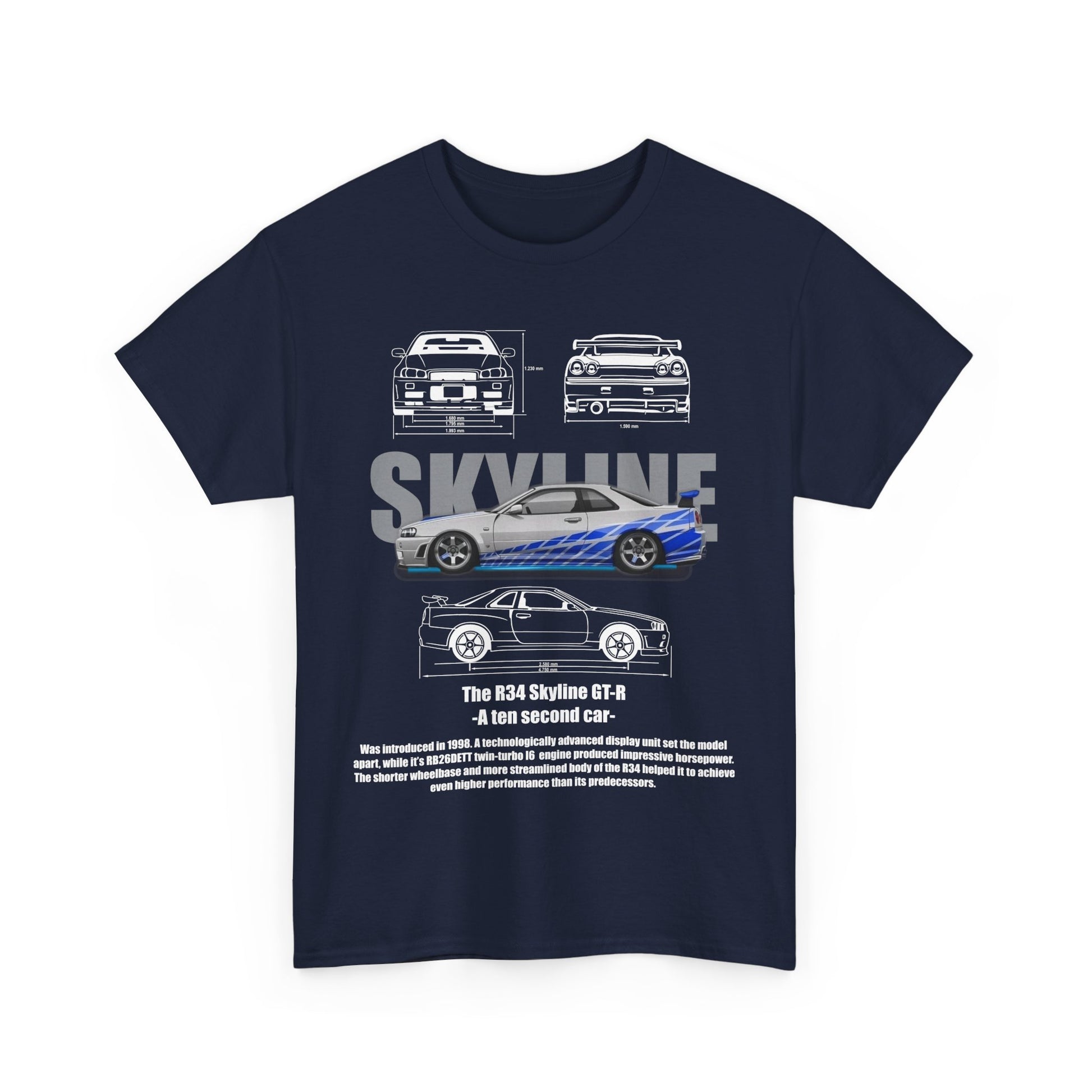 Sophisticated navy t-shirt adorned with intricate graphics of the R34 Skyline GT-R, celebrating automotive heritage and engineering excellence.