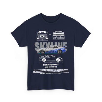 Sophisticated navy t-shirt adorned with intricate graphics of the R34 Skyline GT-R, celebrating automotive heritage and engineering excellence.