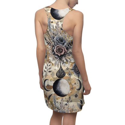 Chic Women's Designer Racerback Dress for Summer Parties and Casual Outings, displaying a luxurious floral and celestial design on the back of a model.