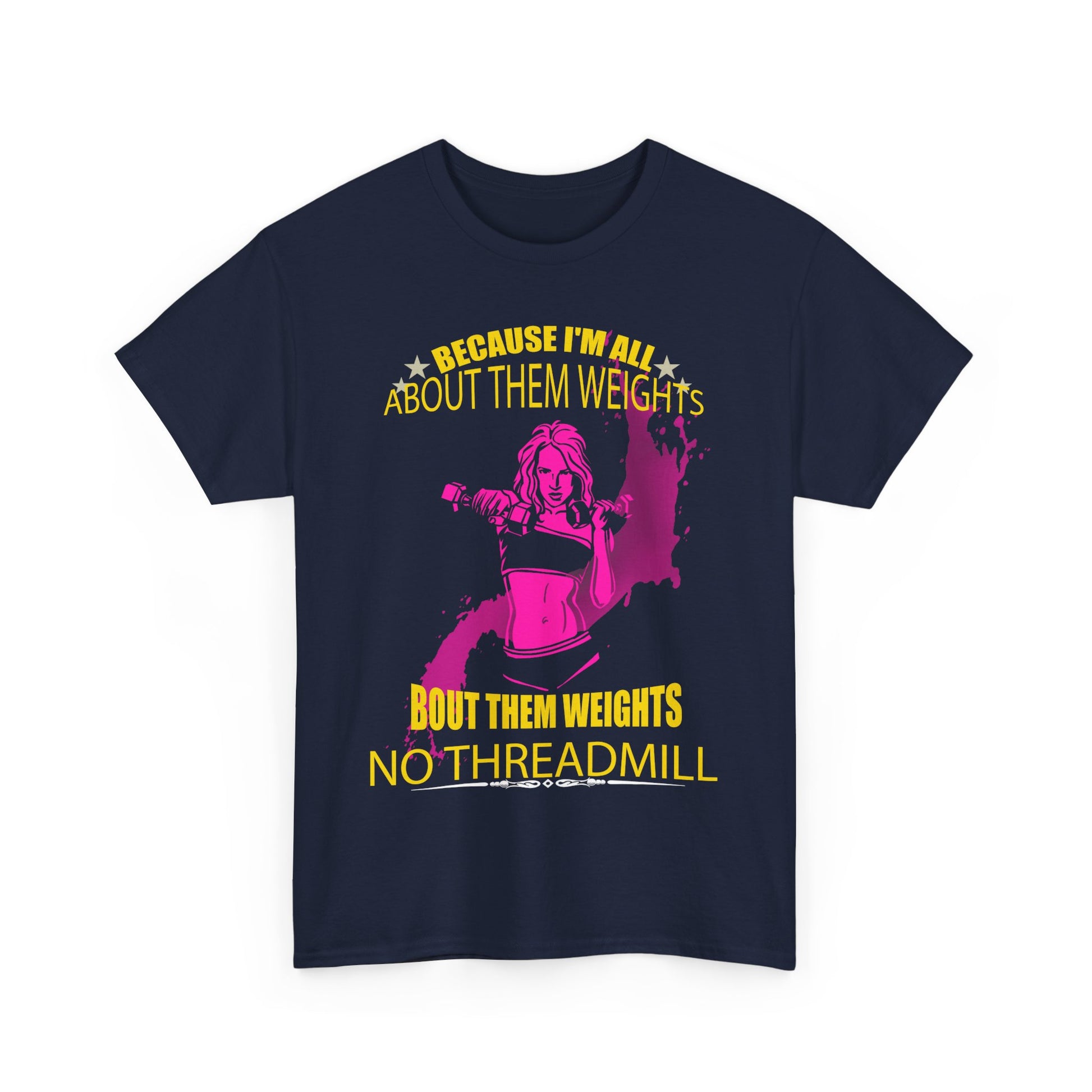 Stylish navy blue women's t-shirt featuring a vibrant graphic of a strong woman lifting weights, accompanied by motivational text for fitness enthusiasts.