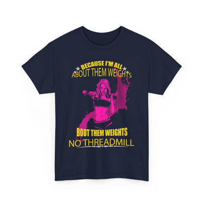 Stylish navy blue women's t-shirt featuring a vibrant graphic of a strong woman lifting weights, accompanied by motivational text for fitness enthusiasts.