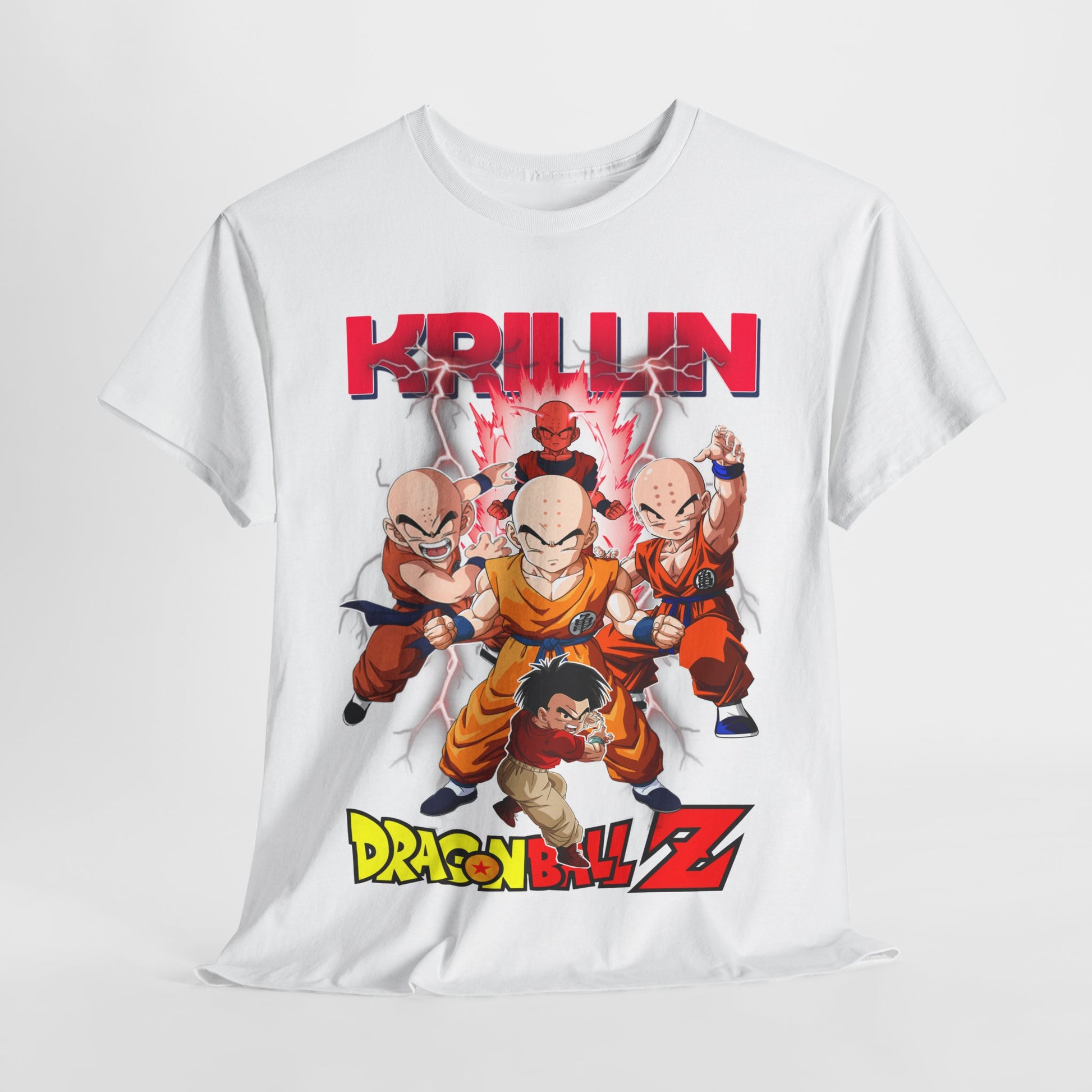 Sophisticated angle of a Dragon Ball Z T-shirt with Krillin's design, showcased in an elegant setting, highlighting its unique graphics.