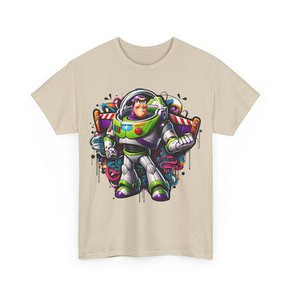 Front view of the Buzz Lightyear Graffiti Unisex Graphic Tee – Vibrant Space Ranger Design in Relaxed Fit, featuring a bold, colourful graffiti-style print of Buzz Lightyear against a dynamic background.