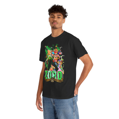 Fashionable model wearing a black One Piece Zoro T-shirt, proudly displaying the dynamic graphic design, perfect for making a statement in streetwear.