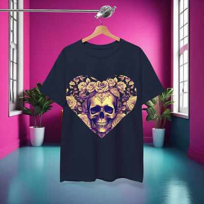 Skulls and Roses Cotton Tee in navy, featuring a luxurious steampunk skull design surrounded by roses, perfect for unisex style and alternative fashion.
